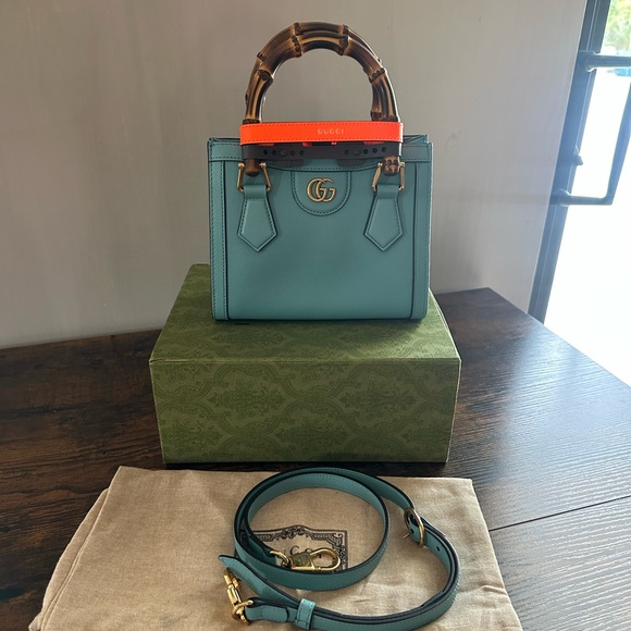 Gucci Mini Diana Bamboo Handle Tote Leather Light Blue Turquoise - Picture 2 of 13